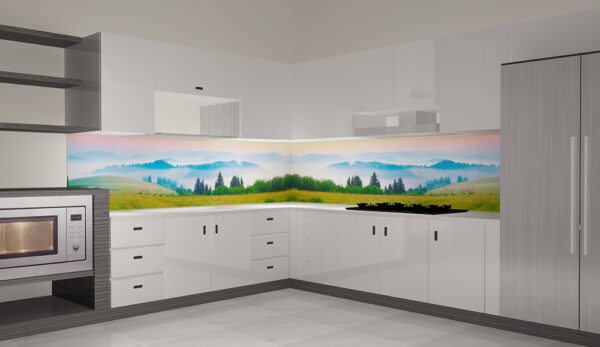 Kính ốp bếp phong cảnh hoàng hôn lãng mạn, màu sắc ấm áp và sang trọng.