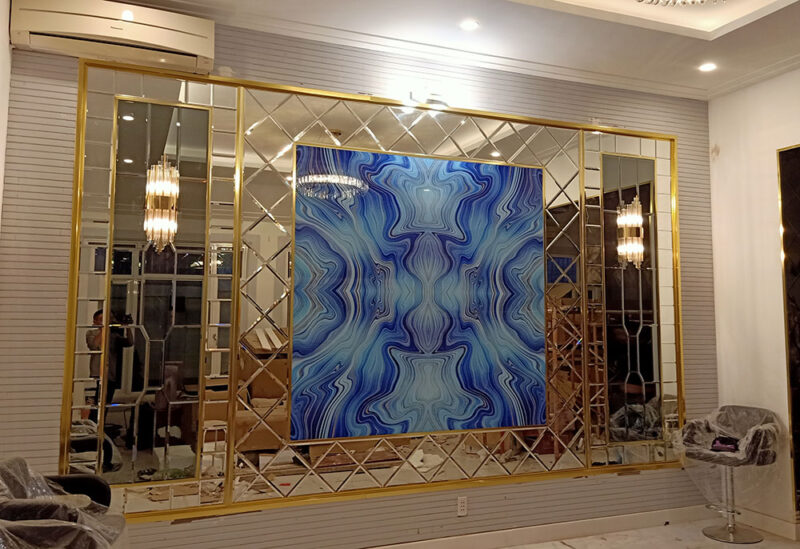 Gương trang trí vách tường kết hợp kính vân đá xanh hiện đại Gương trang trí vách tường ghép ô kết hợp kính vân đá xanh nghệ thuật cao cấp