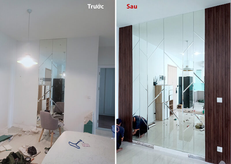 So sánh trước và sau khi lắp đặt gương trang trí ốp tường phòng khách giúp không gian sang trọng và rộng hơn