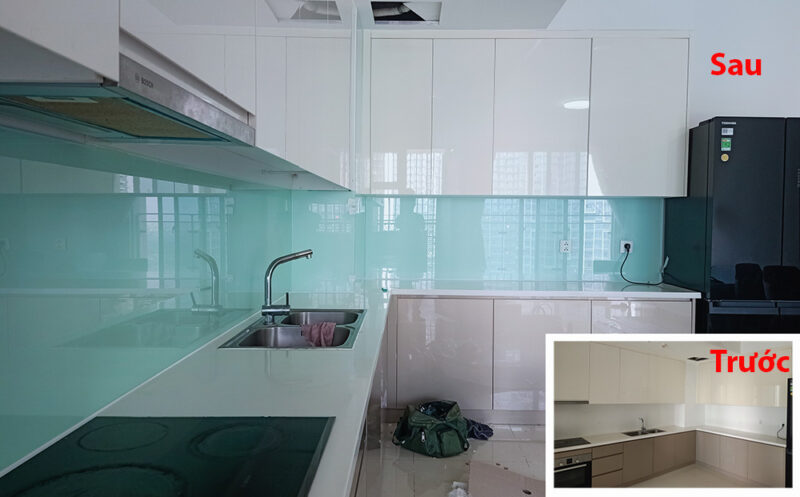 Thi công hoàn thiện kính ốp bếp cường lực màu xanh ngọc hiện đại cho nhà chung cư